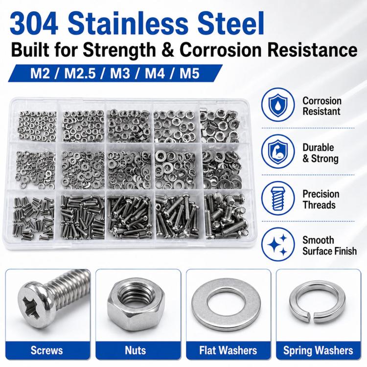 Stainless steel hex nuts, screws, and washers assortment with size-organized compartments