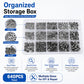 Organized 640-piece fastener set with compartments for hex nuts, washers, and screws