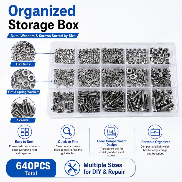 Organized 640-piece fastener set with compartments for hex nuts, washers, and screws