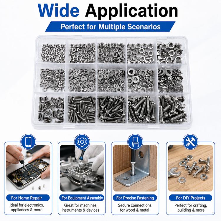 Clear storage box showing assorted hex nuts, screws, and washers by size