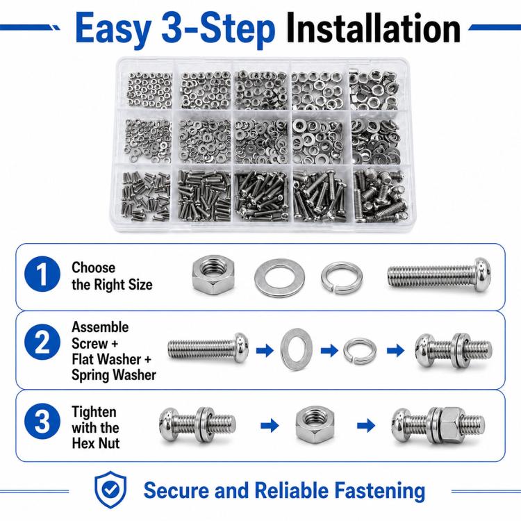 Hex nut and screw kit with step-by-step fastening components in organizer box