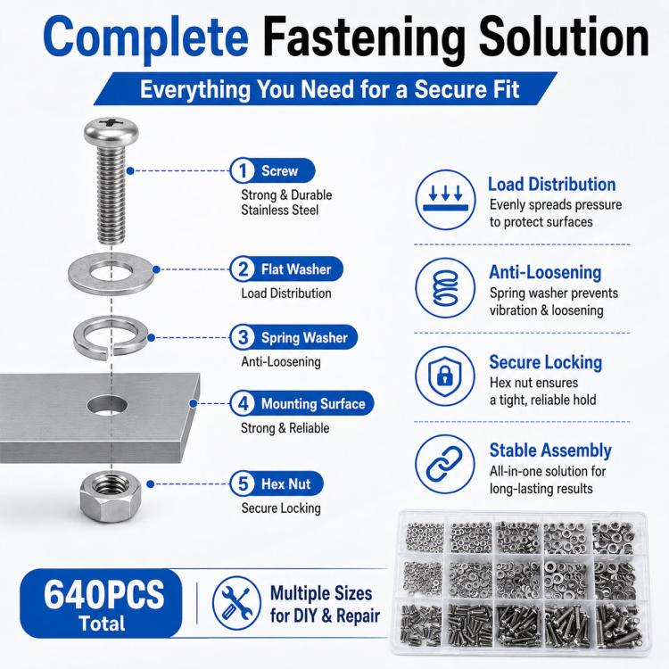 Complete fastening solution set with screws, flat and spring washers, and hex nuts