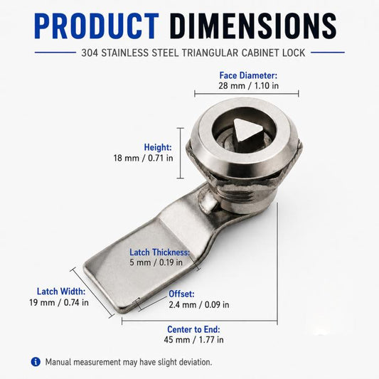 Stainless steel triangular cabinet lock with latch tab and threaded body