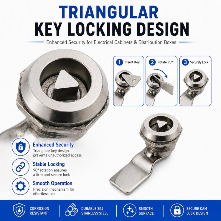 Stainless steel triangular key locking cabinet cam lock with key insert face