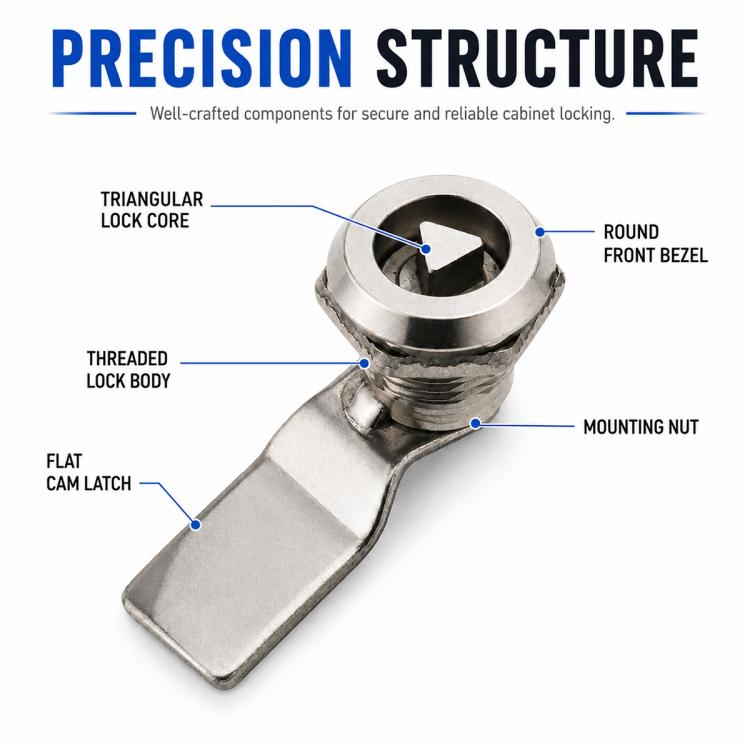 Stainless steel triangular lock cam with round bezel, mounting nut, and latch