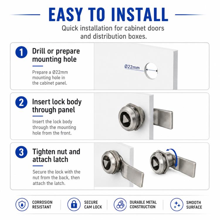 Triangular cabinet lock with key cylinder and latch lever, shown for easy install