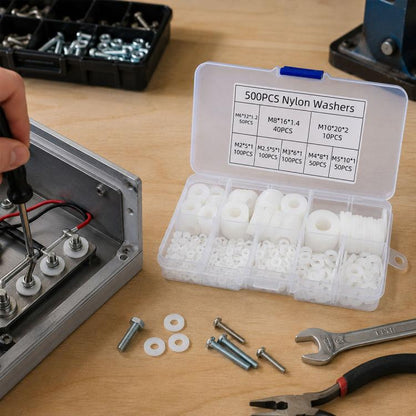 White nylon flat washers assortment in plastic organizer box, with loose washers shown