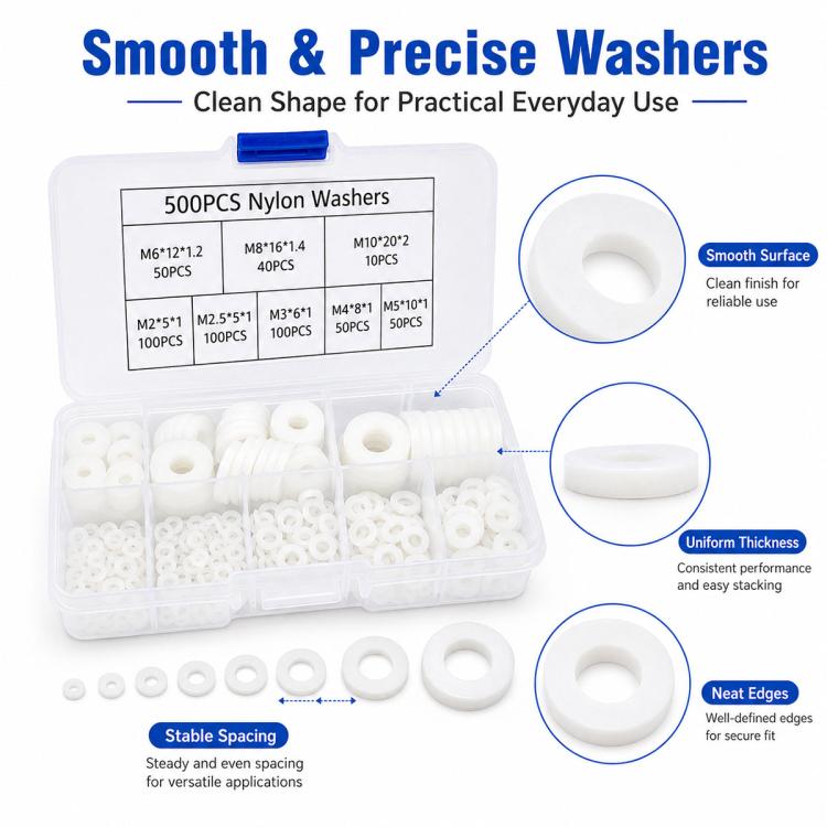 White nylon flat washers in clear compartment box, round insulating spacers