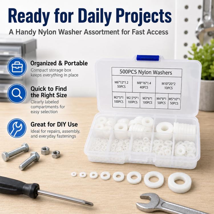 White round nylon flat washers with assorted sizes in plastic organizer box