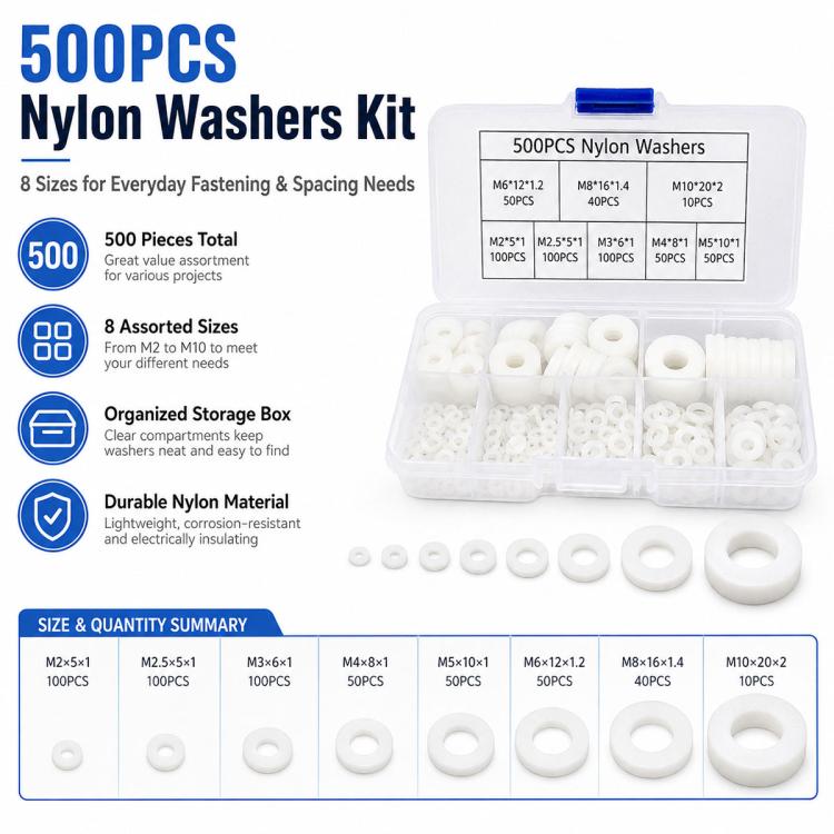 Assorted sizes of white nylon flat washers arranged in a clear storage case
