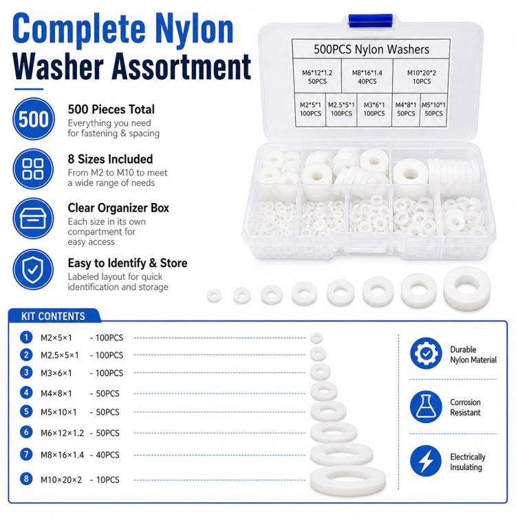 White nylon flat washer assortment kit in clear organizer case with small loose washers