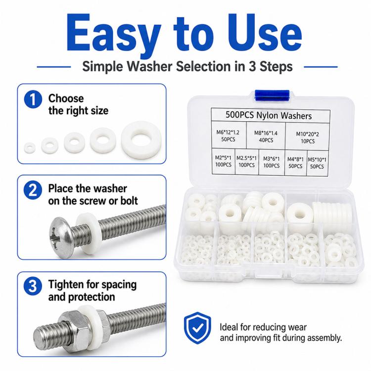White nylon flat washer assortment kit with washers arranged for easy selection