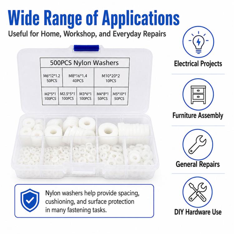 White nylon flat washers in clear storage case with assorted pieces inside
