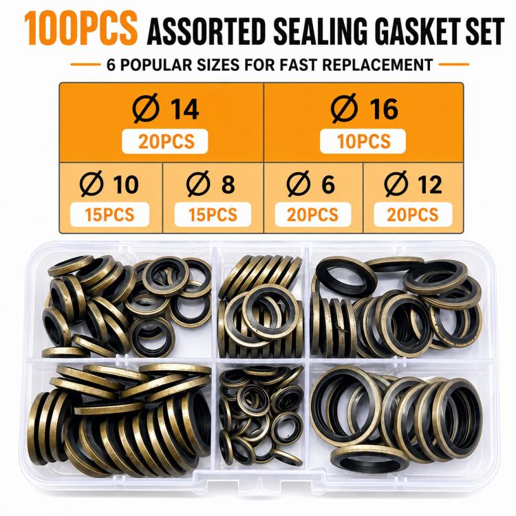 Assorted sealing gasket rings kit in clear plastic tray, mixed sizes