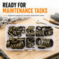 Assorted rubber seal fixing rings and flat washers in a clear plastic organizer box