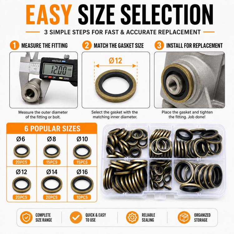 Assorted sealing gasket rings in clear tray with outer diameter size selection panel