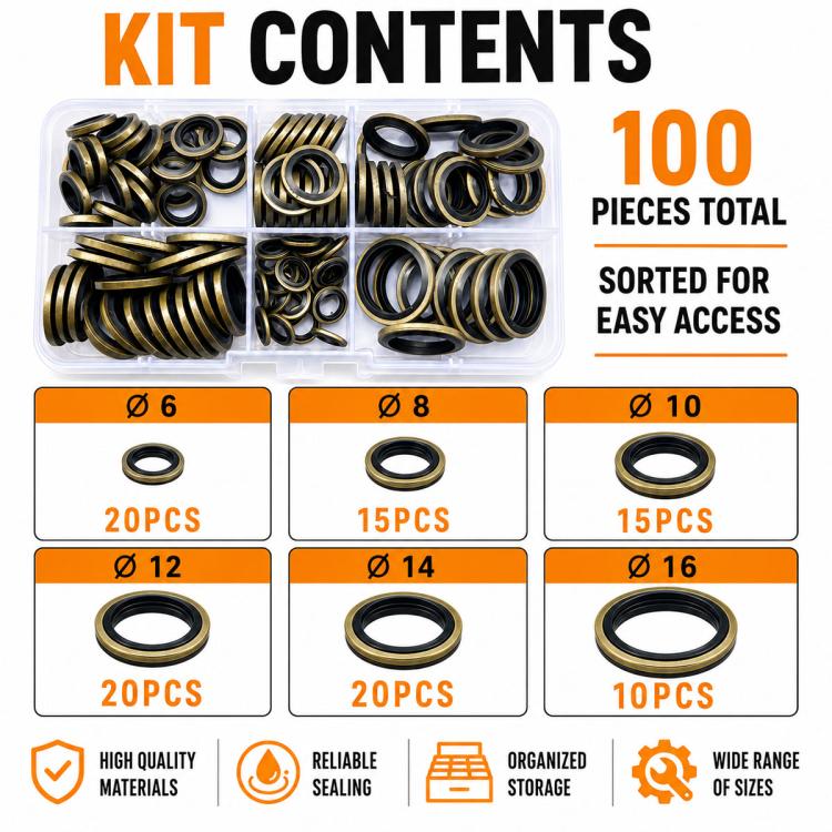 Sorted sealing gasket rings in clear box, mixed sizes grouped in compartments
