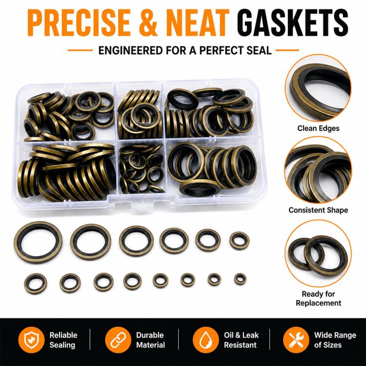 Sealing gasket rings with consistent shapes shown in clear box and on tray