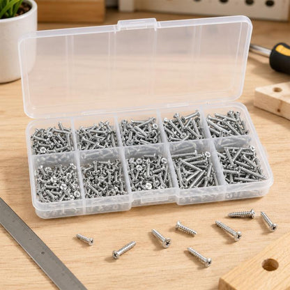 M2 self-tapping screw set in clear plastic organizer with assorted metal screws