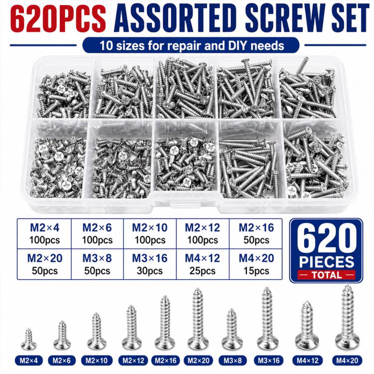 M2 self-tapping screw set with 620 assorted screws in a compartmented clear case