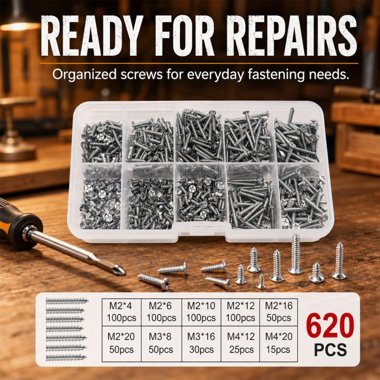 620-piece M2 self-tapping screw set in clear plastic organizer with assorted silver screws