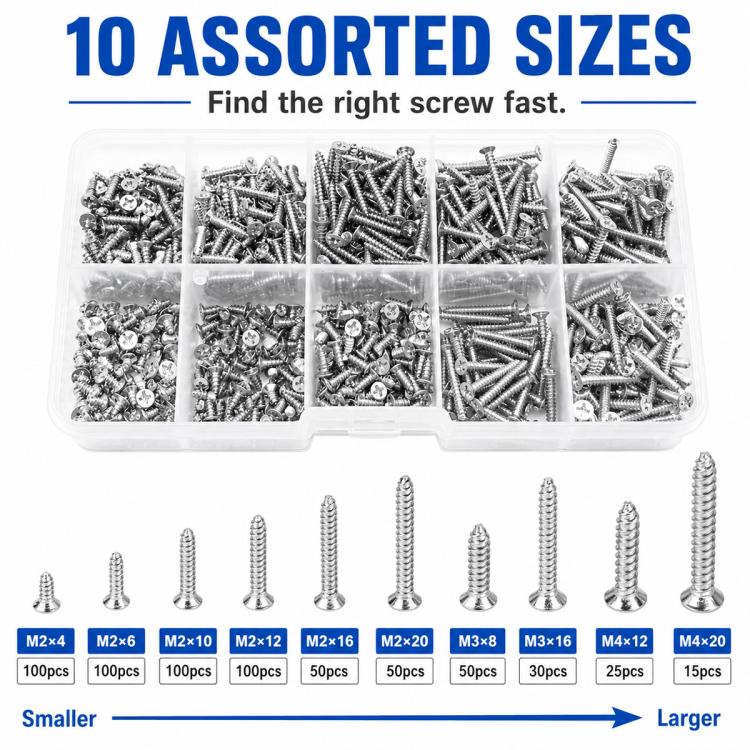 Assorted M2 self-tapping screws set with multiple lengths stored in clear compartments