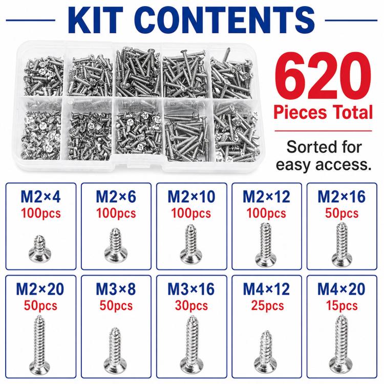 M2 self-tapping screw kit 620 pieces with organized size compartments in organizer case