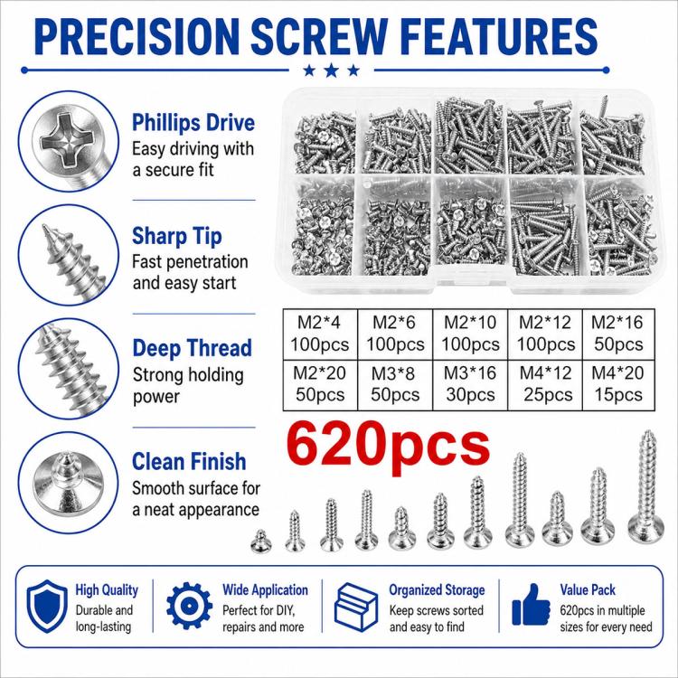 M2 self-tapping screw set showing Phillips-drive screws in divided clear organizer case