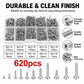 M2 self-tapping screw set with 620 assorted screws in clear compartments and loose screws