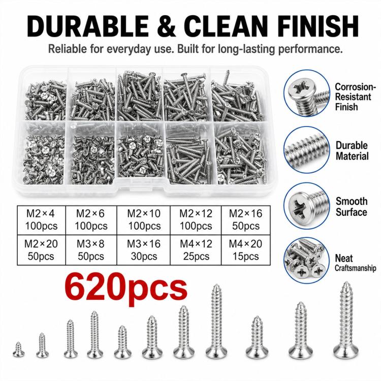 M2 self-tapping screw set with 620 assorted screws in clear compartments and loose screws