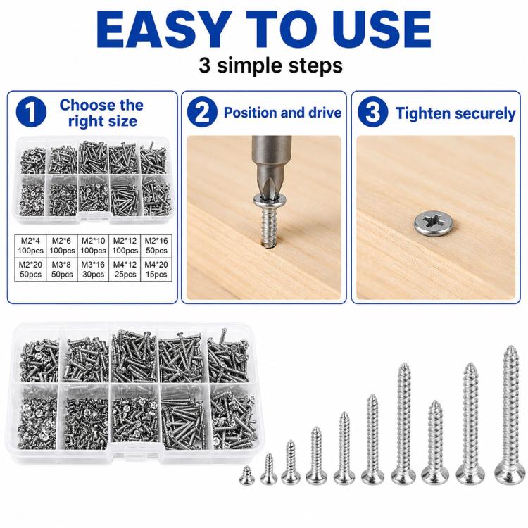 M2 self-tapping screw set with assorted screws aligned for driving and tightening