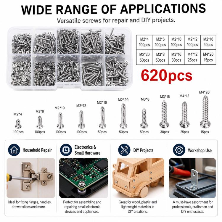 M2 self-tapping screw kit with mixed lengths of metal screws in organizer case