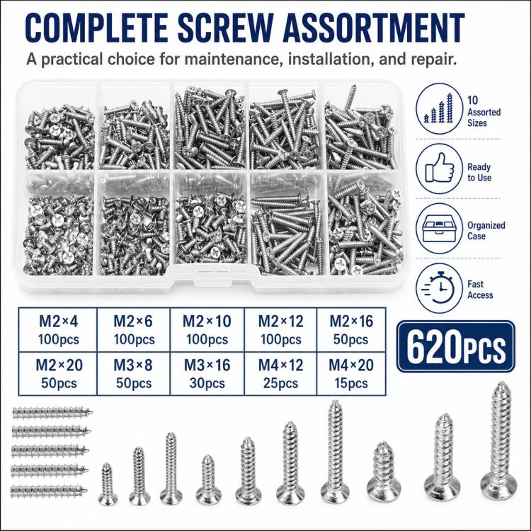 Complete M2 self-tapping screw assortment 620 pcs with clear organizer case and mixed screws