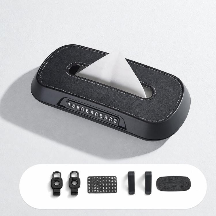 Suede car tissue box holder with black parking number display strip and included accessory clips