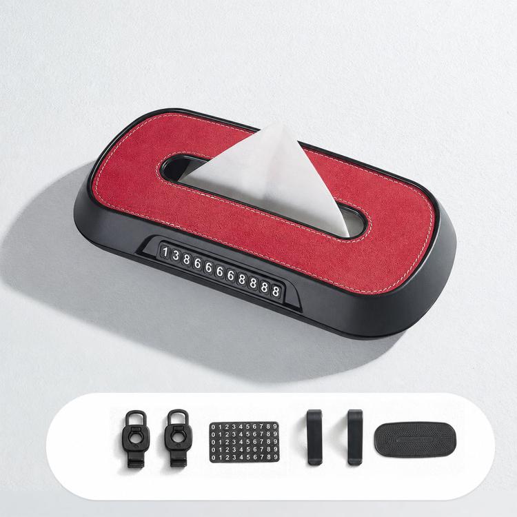 Suede car tissue box holder with red parking number display strip and included accessory clips