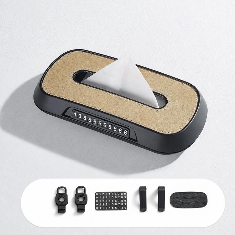 Suede car tissue box holder with beige parking number display strip and included accessory clips