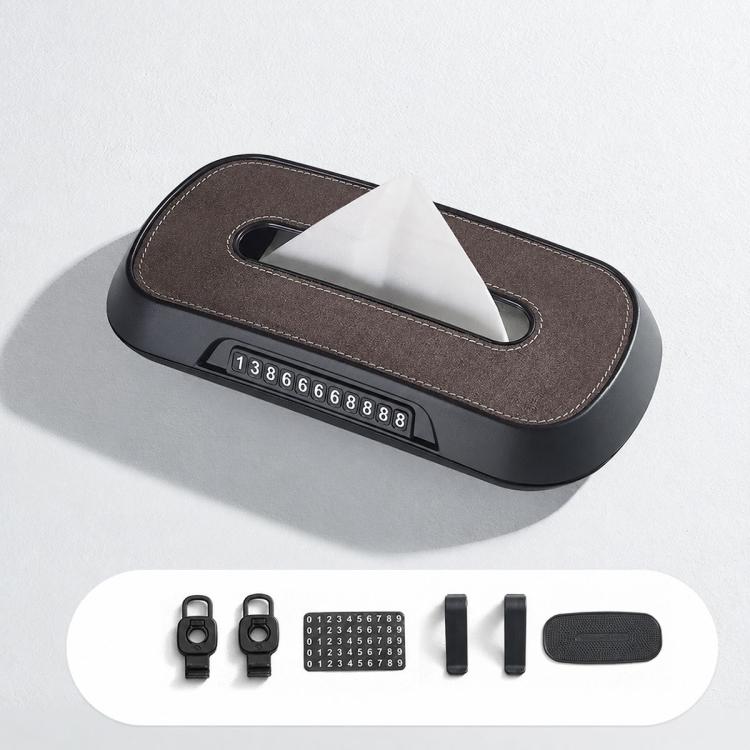Suede car tissue box holder with brown parking number display strip and included accessory clips