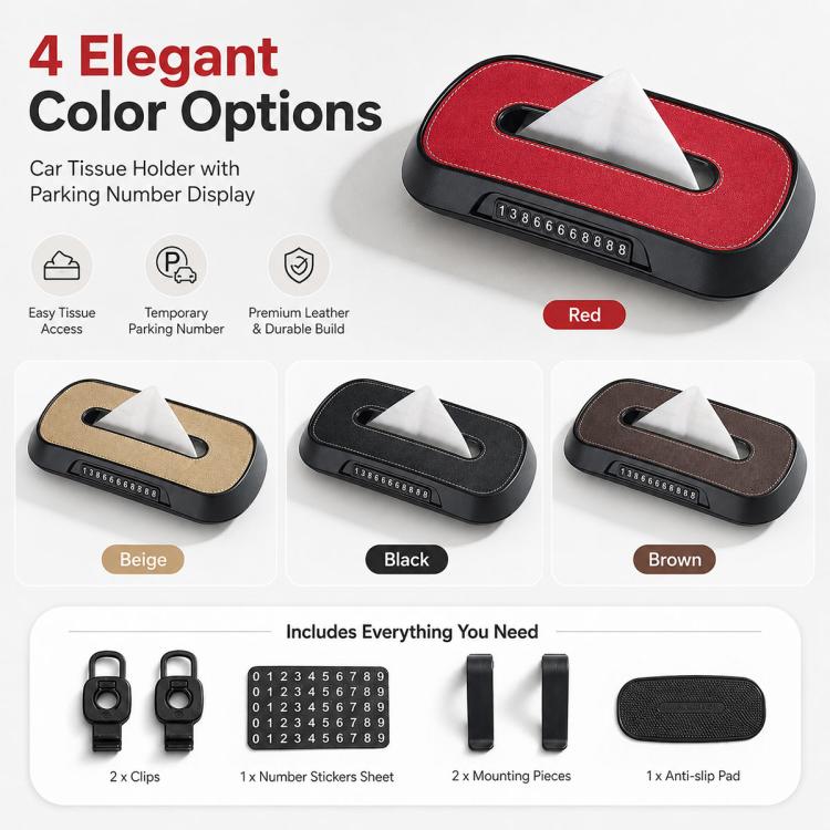 Red suede car tissue box holder with parking number display window and color option panels