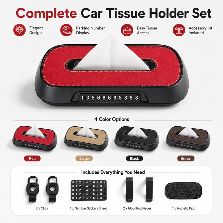 Red car tissue box holder with tissue and number card window, set with accessories