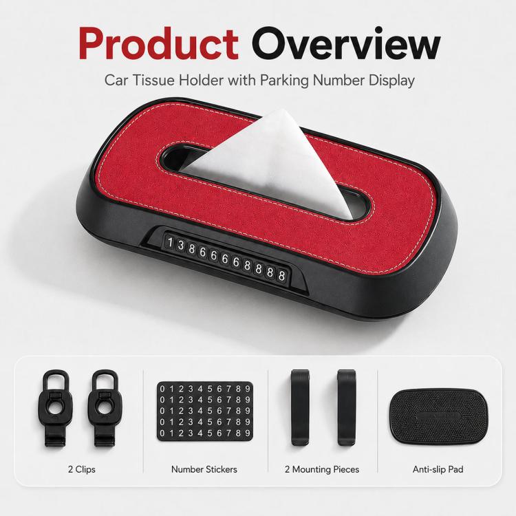Red car tissue box holder with parking number display strip and included mounting pieces
