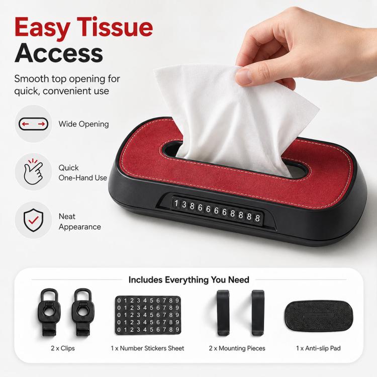 Red suede car tissue box holder with tissue opening and parking number display strip