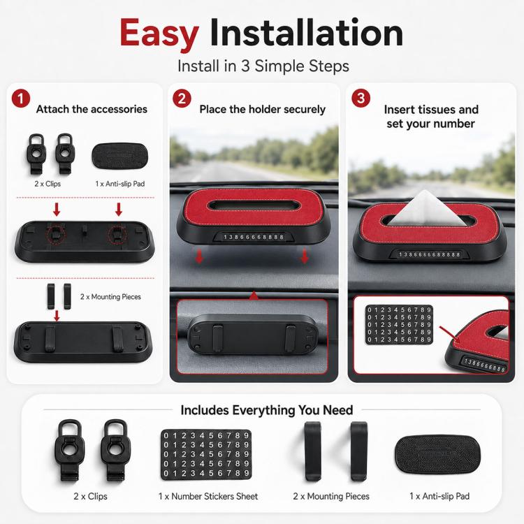 Red car tissue box holder with parking number display strip and included installation accessories