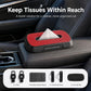 Car tissue box holder with red suede-look top and tissue, on car seat