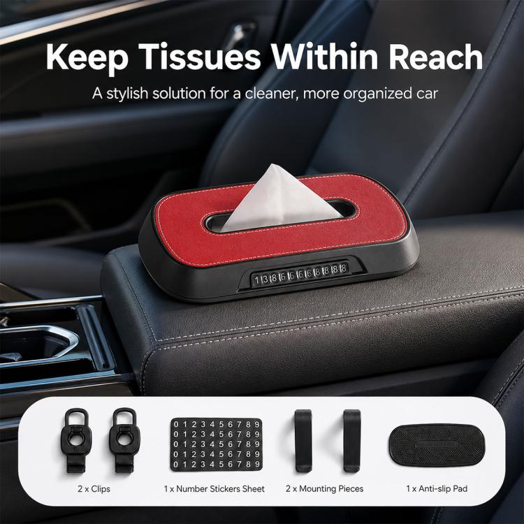 Car tissue box holder with red suede-look top and tissue, on car seat