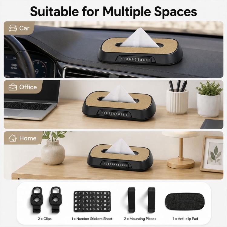 Beige car tissue box holder with tissue and number card window, for multiple spaces