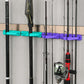 Wall-mounted silicone fishing rod holder with teal and purple bar grips for rods