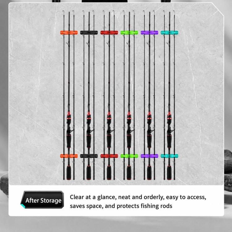 Fishing rods stored in silicone wall clips with colored end supports