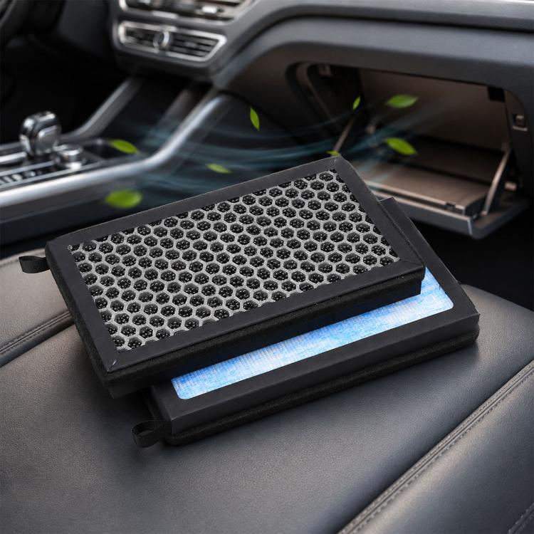 Cabin air filter element with black honeycomb mesh and blue filter layer