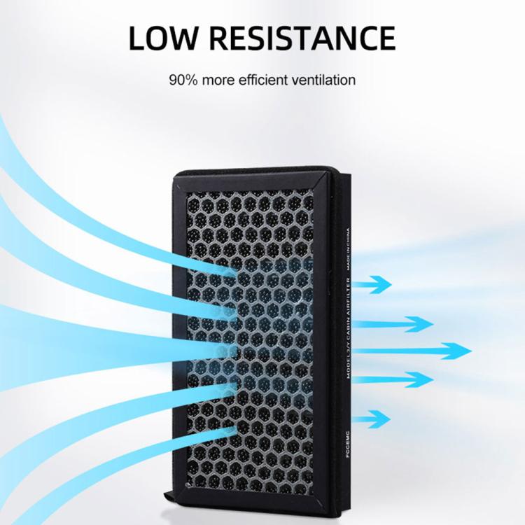 Cabin air filter element in a black frame with honeycomb mesh