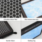 Close-up cabin air filter: carbon honeycomb mesh, blue layer, sealing ring, ties